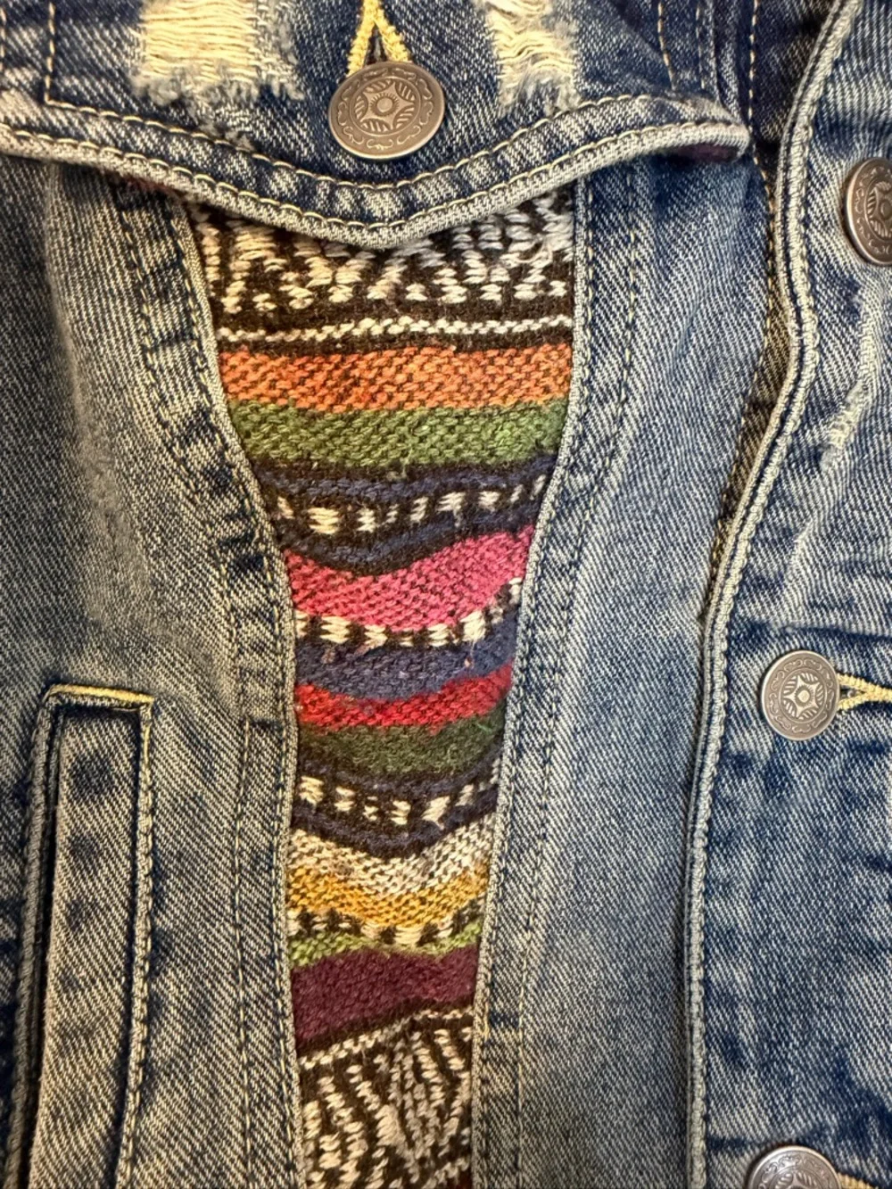 Free People Denim Jacket with Multicolor embroidered Panels - Picture 3 of 12